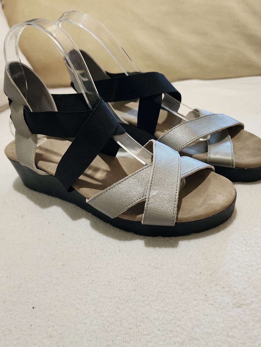 Arche Satia Leather Silver and Black Wedge Sandals with Elastic Cross Straps - Picture 1 of 10